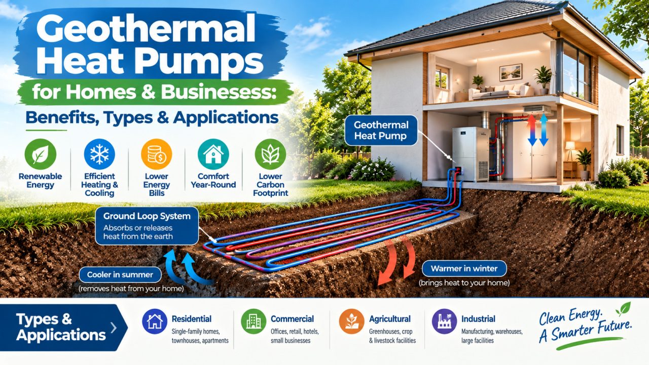Geothermal heat pumps for homes and businesses showing ground loop heating and cooling, energy benefits, and residential, commercial, agricultural, and industrial applications